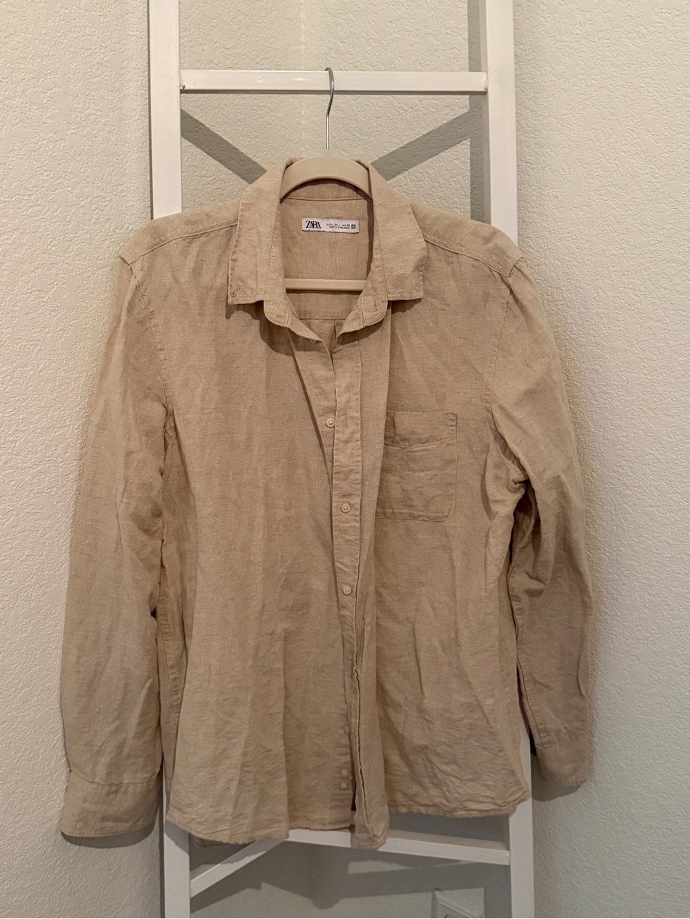 Zara Button Down Shirt Beige Tan Roll Tab Sleeve Size Large